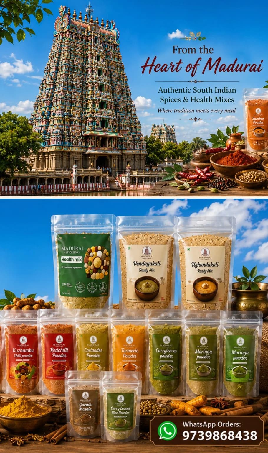 From the Heart of Madurai — the Meenakshi Amman temple above the Madurai Spice Box range of sambar, kuzhambu, red chilli, coriander, turmeric, curry leaves and moringa powders with health mix and ready mixes
