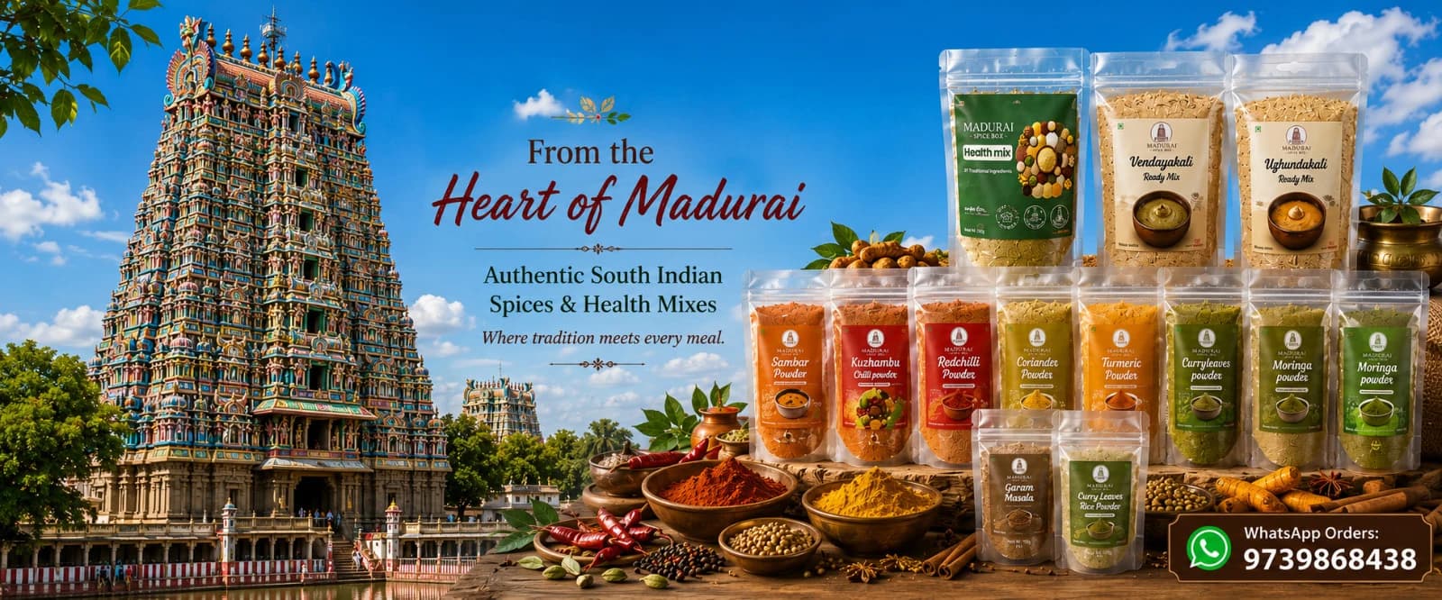 From the Heart of Madurai — authentic South Indian spice powders and traditional health mixes from Madurai Spice Box, pictured with the Meenakshi Amman temple
